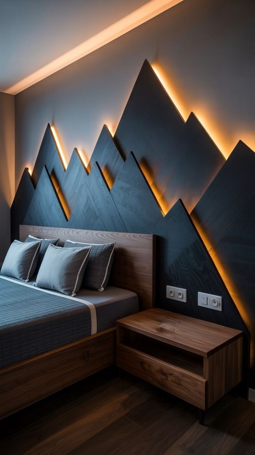 3D LED dekorácia hôr nad posteľou